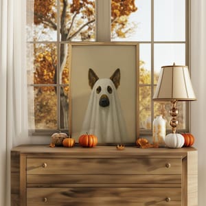 Halloween Duitse herder spook muurkunst print – Spooky Dog Lover Home Decor, neutraal herfst seizoensdecor, griezelige Duitse herder schilderij