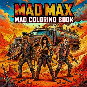 May include: A vibrant illustration for a "Mad Max" coloring book. The cover features three characters with weapons in a desert setting, a tanker truck, and the text "MAD MAX MAD COLORING BOOK" in bold, distressed lettering.