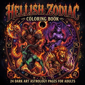 Libro digital para colorear del zodíaco infernal: 24 páginas de astrología de arte oscuro para adultos (descarga digital)