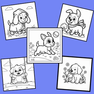 以下が含まれることがあります： さまざまなシーンの漫画の子犬が描かれた、白黒の塗り絵が5ページあります。子犬はレインコートを着ていたり、スカーフを巻いていたり、ブランコに乗っていたりします。他の2匹の子犬はボールで遊んだり、花を持っています。