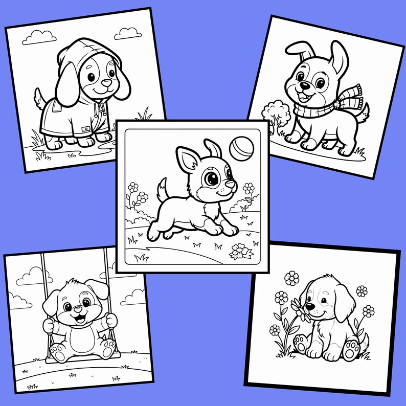 以下が含まれることがあります： さまざまなシーンの漫画の子犬が描かれた、白黒の塗り絵が5ページあります。子犬はレインコートを着ていたり、スカーフを巻いていたり、ブランコに乗っていたりします。他の2匹の子犬はボールで遊んだり、花を持っています。