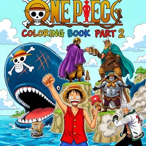 Op de afbeelding: Een kleurrijke illustratie voor een "One Piece Coloring Book Part 2" met personages uit de anime-serie. De afbeelding bevat een grote walvis, een piratenschip en verschillende personages in actieposities. De titel staat bovenaan.