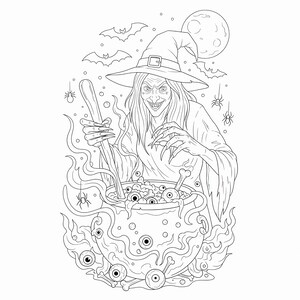 May include: Line art illustration of a witch stirring a bubbling cauldron filled with eyeballs and bones. The witch wears a pointed hat and has long fingernails. Bats, spiders, and a full moon complete the Halloween scene.