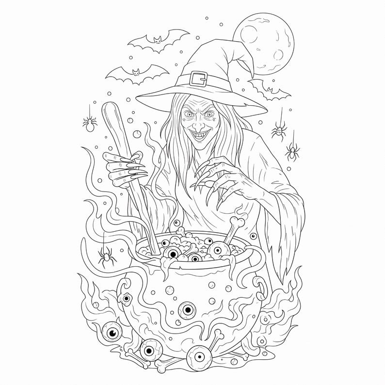 May include: Line art illustration of a witch stirring a bubbling cauldron filled with eyeballs and bones. The witch wears a pointed hat and has long fingernails. Bats, spiders, and a full moon complete the Halloween scene.