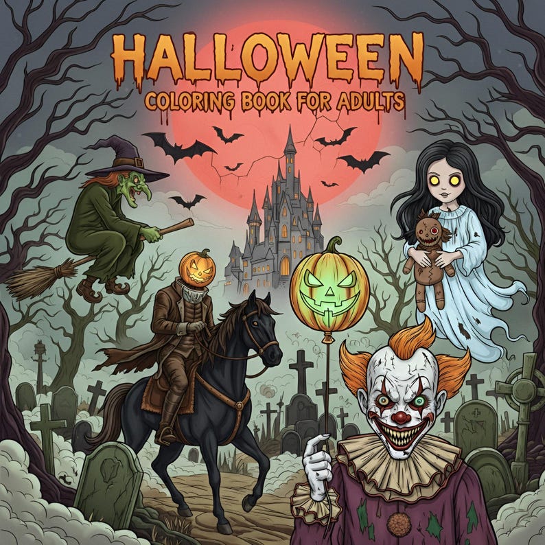 May include: A Halloween-themed coloring book for adults. The cover features a spooky graveyard scene with a witch on a broom, a headless horseman, a clown, and a ghost. The background includes a castle, bats, and a full moon.
