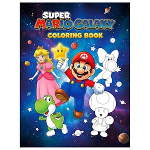 Può includere: Un libro da colorare di Super Mario Galaxy con Mario, la Principessa Peach, Yoshi e altri personaggi su uno sfondo spaziale. La copertina presenta il titolo in rosso e blu, con una stella e pianeti.