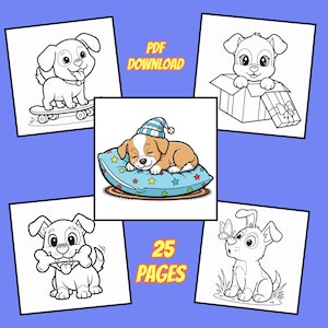 以下が含まれることがあります： 白黒の漫画の犬のイラストが5つ、それぞれ白い正方形に描かれています。1匹はスケートボードに乗っており、もう1匹はギフトボックスに入っており、3匹目は骨を持っています。「PDF DOWNLOAD」と「25 PAGES」の文字も表示されています。