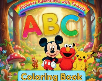 ABC Coloring Book for Kids, Alphabet Adventures: Cartoon Characters, 52 Pages, Digital Download