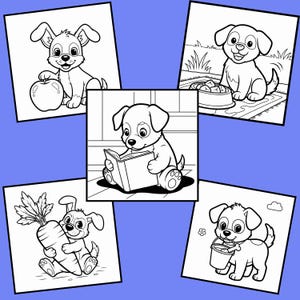 以下が含まれることがあります： 5つの白黒イラストの漫画の子犬のコレクション。子犬はリンゴ、ニンジン、本を持っています。他の2匹の子犬は、食べ物のボウルとバケツの近くにいます。