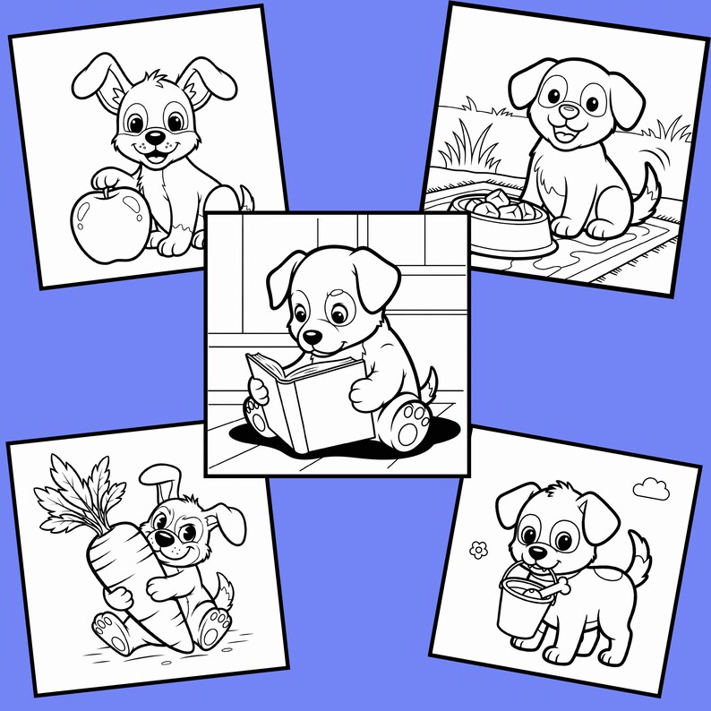 以下が含まれることがあります： 5つの白黒イラストの漫画の子犬のコレクション。子犬はリンゴ、ニンジン、本を持っています。他の2匹の子犬は、食べ物のボウルとバケツの近くにいます。