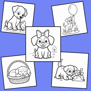 以下が含まれることがあります： 5匹の子犬の白黒イラスト。リボンをつけた子犬、風船を持った子犬、カゴで寝ている子犬がいます。他の2匹の子犬はヒヨコと茂みと交流しています。塗り絵に最適です。