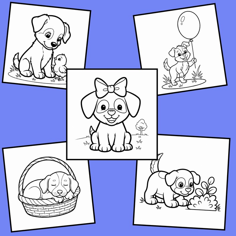 以下が含まれることがあります： 5匹の子犬の白黒イラスト。リボンをつけた子犬、風船を持った子犬、カゴで寝ている子犬がいます。他の2匹の子犬はヒヨコと茂みと交流しています。塗り絵に最適です。