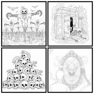 May include: Four black and white Halloween-themed illustrations. One shows scarecrows with pumpkin heads in a cornfield. Another depicts a skeleton emerging from a stone doorway. A third shows a pile of skulls with snakes. The last shows a person looking at a devil in a mirror.