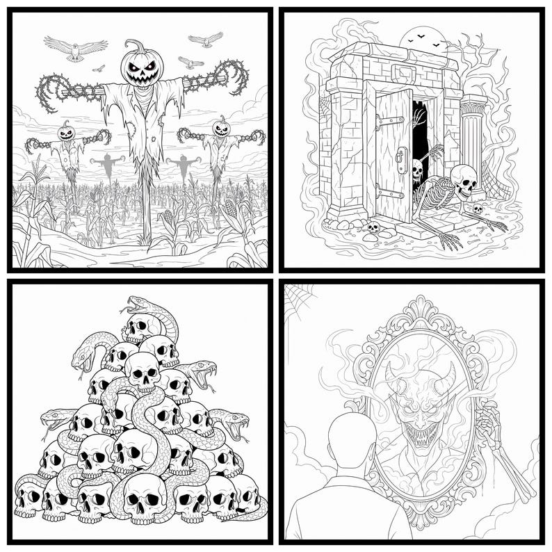 May include: Four black and white Halloween-themed illustrations. One shows scarecrows with pumpkin heads in a cornfield. Another depicts a skeleton emerging from a stone doorway. A third shows a pile of skulls with snakes. The last shows a person looking at a devil in a mirror.