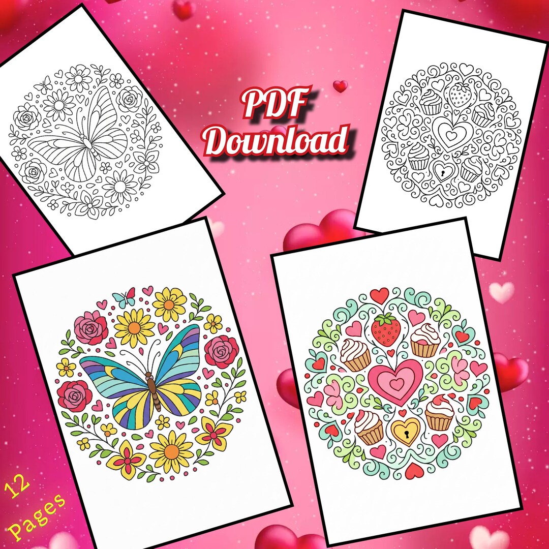 12 Romantic Heart Mandalas Coloring Pages for Adults Valentine Day Gift ...