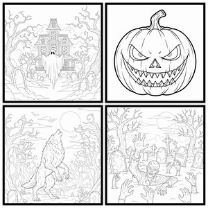 May include: Four black and white Halloween-themed illustrations. One shows a haunted house with a ghost, another a carved pumpkin, a third a howling werewolf, and the last a zombie rising from a graveyard.