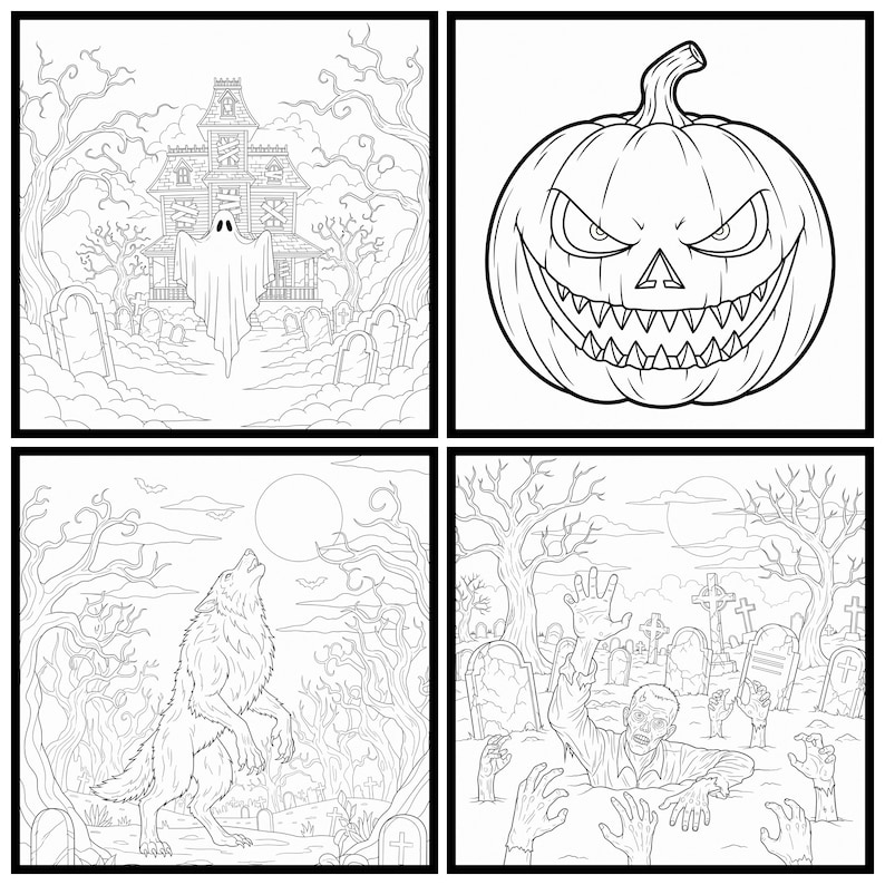 May include: Four black and white Halloween-themed illustrations. One shows a haunted house with a ghost, another a carved pumpkin, a third a howling werewolf, and the last a zombie rising from a graveyard.