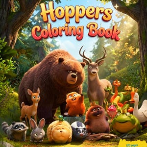 Może przedstawiać: Kolorowa ilustracja do "Hoppers Coloring Book" z postaciami z kreskówek w lesie. Tytuł jest pomarańczowy i czerwony. Obraz zawiera niedźwiedzia, jelenia, królika, szopa i inne stworzenia.