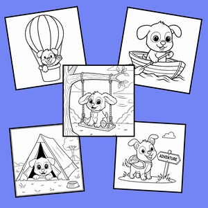 以下が含まれることがあります： さまざまな屋外シーンにいる子犬の白黒イラスト。ある画像は熱気球に乗った子犬、別の画像はボートに乗った子犬、3つ目はブランコに乗った子犬です。その他の画像は、テントの中の子犬と冒険の標識の隣にいる子犬を示しています。