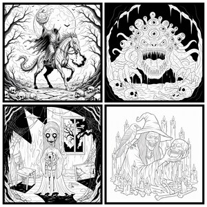 May include: Four black and white illustrations with a Halloween theme. The images include a headless horseman on a horse, a monster with many eyes, a ghost girl holding a doll, and a witch holding a skull with a raven on her shoulder.