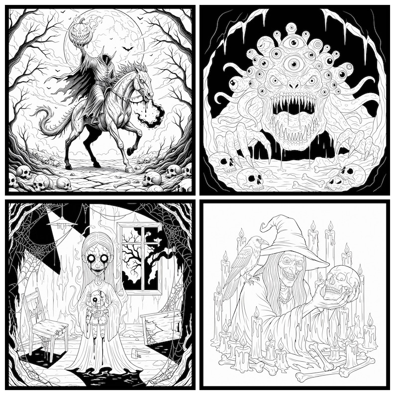 May include: Four black and white illustrations with a Halloween theme. The images include a headless horseman on a horse, a monster with many eyes, a ghost girl holding a doll, and a witch holding a skull with a raven on her shoulder.