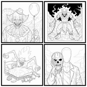 May include: Four black and white illustrations of horror-themed images. One shows a smiling clown holding a balloon, another depicts a chained demon, a third shows a monster in a child's bedroom, and the last shows a figure holding a skull mask.