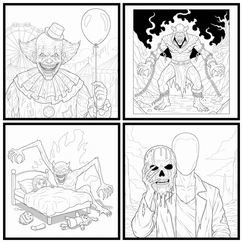 May include: Four black and white illustrations of horror-themed images. One shows a smiling clown holding a balloon, another depicts a chained demon, a third shows a monster in a child's bedroom, and the last shows a figure holding a skull mask.