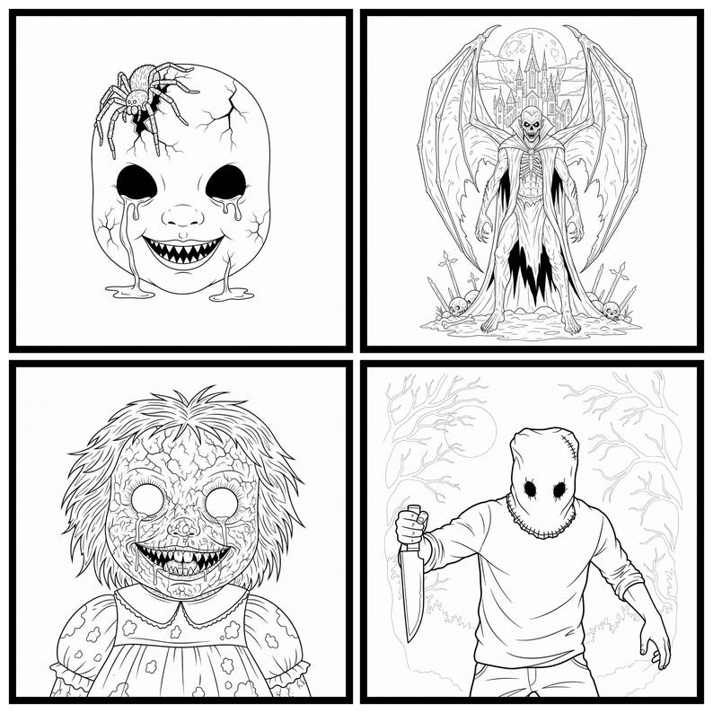 May include: Four black and white illustrations of horror-themed characters. The images include a cracked baby doll head with a spider, a skeletal figure with wings, a creepy doll, and a figure with a burlap sack over their head holding a knife.