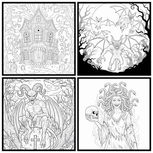 May include: Four black and white illustrations of Halloween-themed images. One shows a haunted house with a large mouth door. Another depicts a demon with bat wings. A third shows a demon sitting on a tombstone. The last shows Medusa holding a skull.