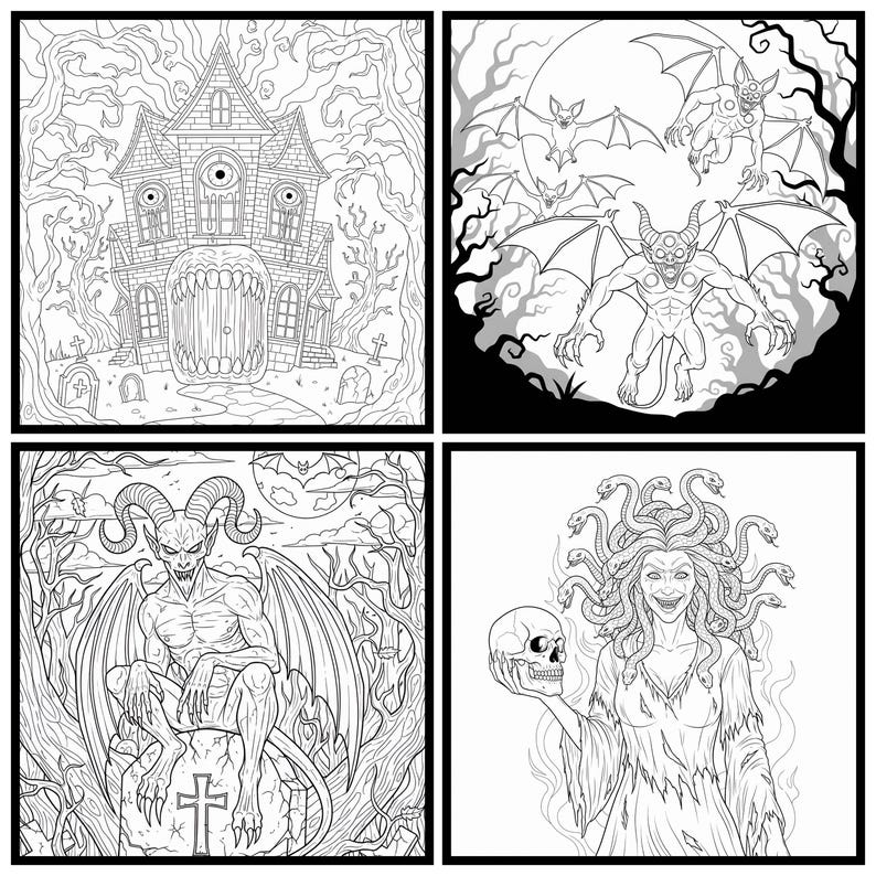 May include: Four black and white illustrations of Halloween-themed images. One shows a haunted house with a large mouth door. Another depicts a demon with bat wings. A third shows a demon sitting on a tombstone. The last shows Medusa holding a skull.