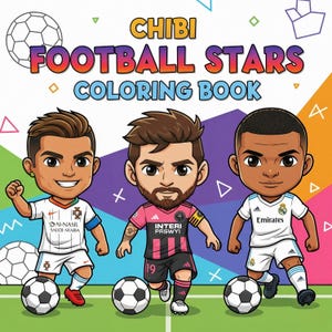 以下が含まれることがあります： 「CHIBI FOOTBALL STARS COLORING BOOK」というタイトルのカラフルな塗り絵本の表紙。チームのユニフォームを着た3人のサッカー選手の漫画イラストが特徴で、それぞれサッカーボールを持っています。背景は緑、黄色、紫の混合です。