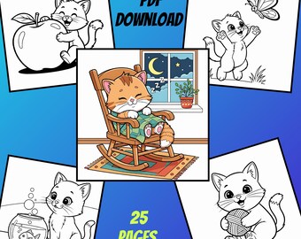 Cozy Cats Adult and Kids Coloring Book, 25 Relaxing Digital Coloring Pages, Instant Print