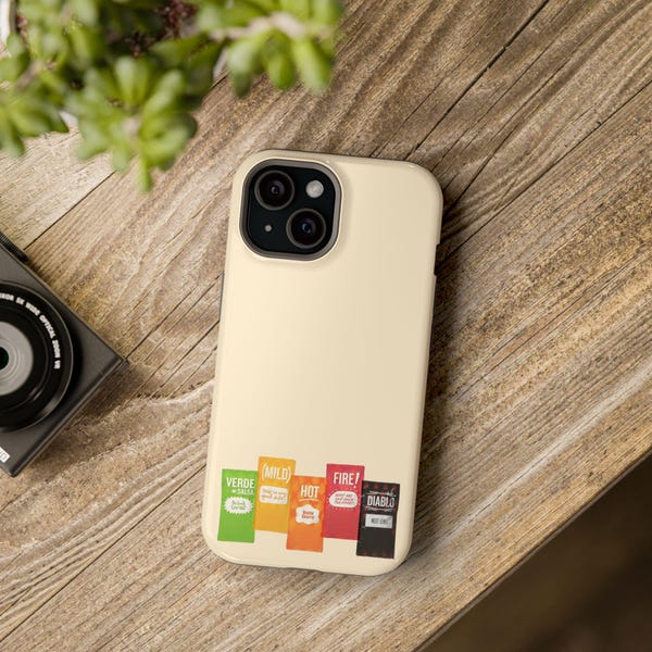 Funda protectora MagSafe para iPhone con sobres de salsa picante para tacos, varios tamaños, incluido el iPhone 17, diseño minimalista, acabado mate o brillante.