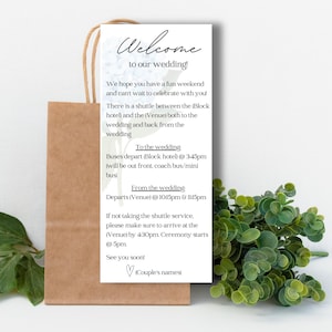 Blue Hydrangea Wedding Welcome Bag Info Cards Template | Canva Template | Editable and Printable Welcome Bag Flyer | Easy Layout