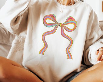Coquette Bow Sweatshirt, Aesthetic Rainbow Bow Crewneck, Cute Girly Y2K Pullover, Trendy Bow Shirt for Women, Cottagecore Coquette Outfit