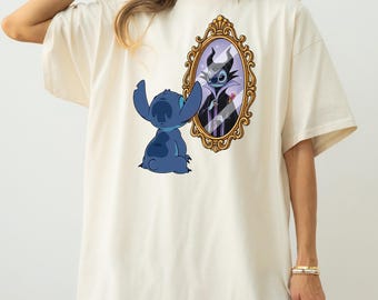 Stitch Maleficent Halloween-t-shirt, Disney-skurkinspirerad t-shirt, Lilo och Stitch Maleficent-fangåva, Disney-resa-t-shirt, skurkens era-t-shirt