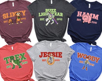 Toy Story Character Shirt, Disney Pixar Woody Buzz Lightyear Jessie Forky Mr. Mrs. Potato Head Slinky Rex Alien Lotso Bo Peep Bullseye Tee
