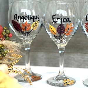 FALL LEAVES Hand Painted Wine Glasses, Bridal Party Glassware, Gift for Bridesmaids, Bridesmaid Champagne Glasses, Autumn, Fall Decor, Leaf