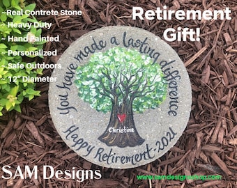Hand Painted Retirement Stepping Stone: Carved Chestnut Tree, Personalized Concrete Paver