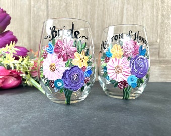 Mother of the Bride Groom Wine Glasses, Bridal Party Wine Glasses, Mother of the Groom, Painted Wildflower Wine Glasses  - SOLD INDIVIDUALLY