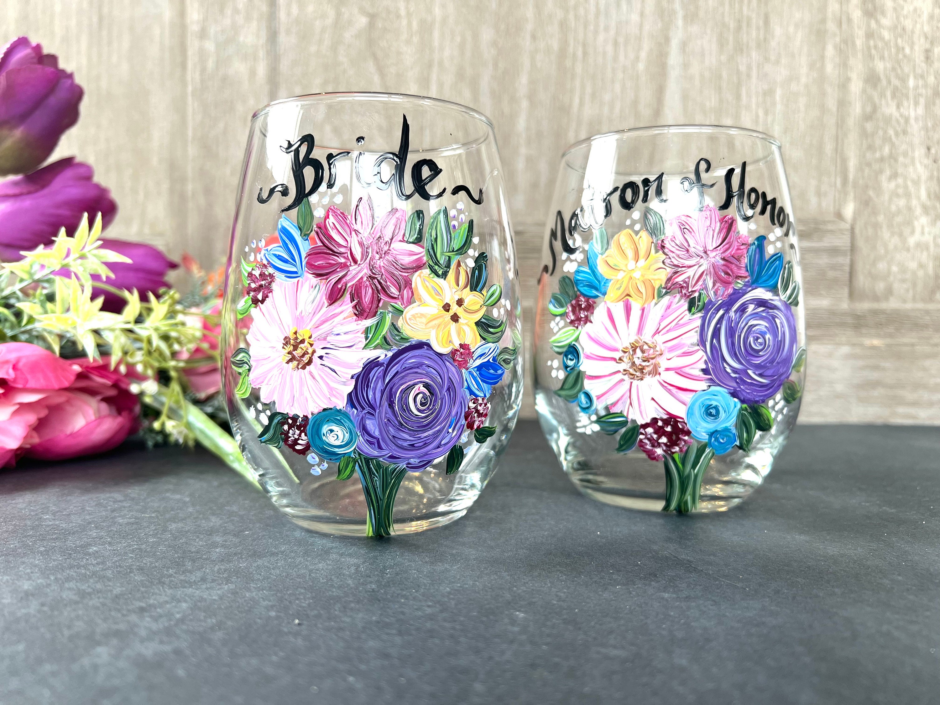Hand Painted Wildflower Wine Glass: Personalized Bridal Party Gift
