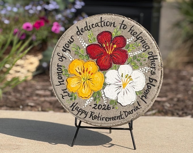 Hand-Painted Hibiscus Retirement Garden Stone - 12” - REAL STONE