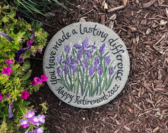 Retirement Gift - Purple Irises - Retirement Garden Stone - Retirement Gifts for Women  -Hand Painted Garden Stone - Memorial Stone - 12"