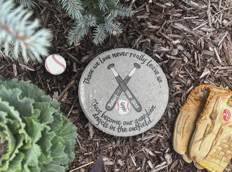 Hand-Painted WHITE SOX Baseball Memorial Stone: Bereavement Gift, 12" Real Concrete
