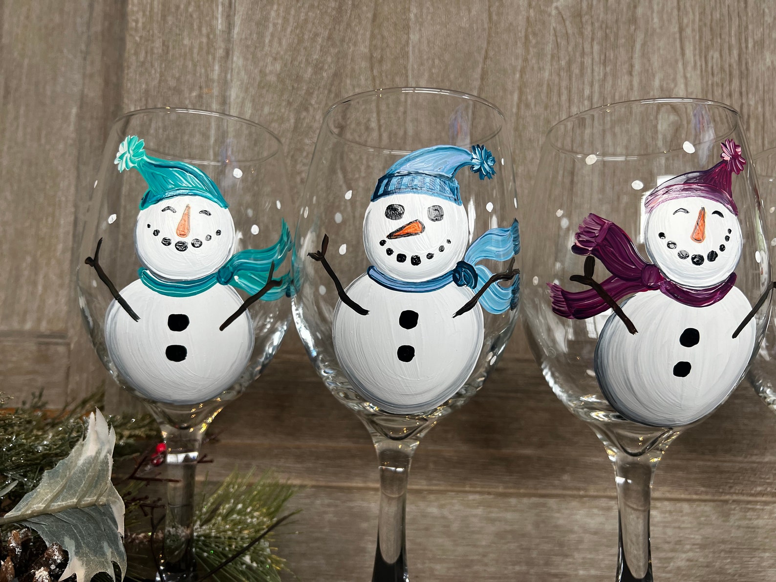 Happy Snowmen Wine Glasses Hand Painted Snowman Snowman Wine Etsy