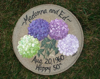 ANNIVERSARY GIFT, 50th Anniversary,  HYDRANGEA Stepping Stone, Purple HYdrangeas, Hand Painted, Garden Stone, Stepping Stone, Personalized