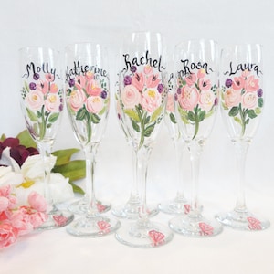 BACHELORETTE PARTY Gifts, Bridesmaid Gifts, Wedding Party Gifts Personalized Hand Painted Wine Glasses - Flowered Champagne Glasses, CUSTOM