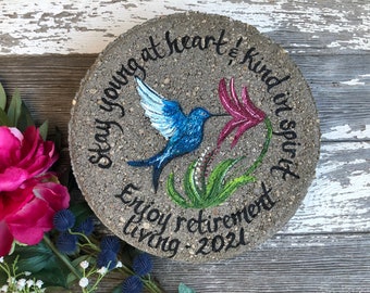 RETIREMENT HUMMINGBIRD Garden Stone, Retirement Gift Ideas, Blue Hummingbird Gift, Gift for Retirement, Garden Gift 12”