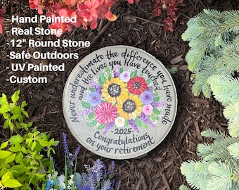 Hand Painted Retirement Stepping Stone: Personalized Garden Paver (12 inch, Outdoor Safe) Wildflower Retirement, REAL STONE