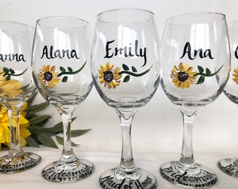 Wedding Gift for Bridesmaid Hand Painted Wine Glasses Stemware